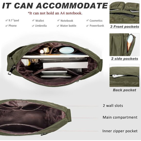 Women Army Green-m Nylon Water Resistant Anti Theft Crossbody Shoulder Bag - Picture 4 of 7